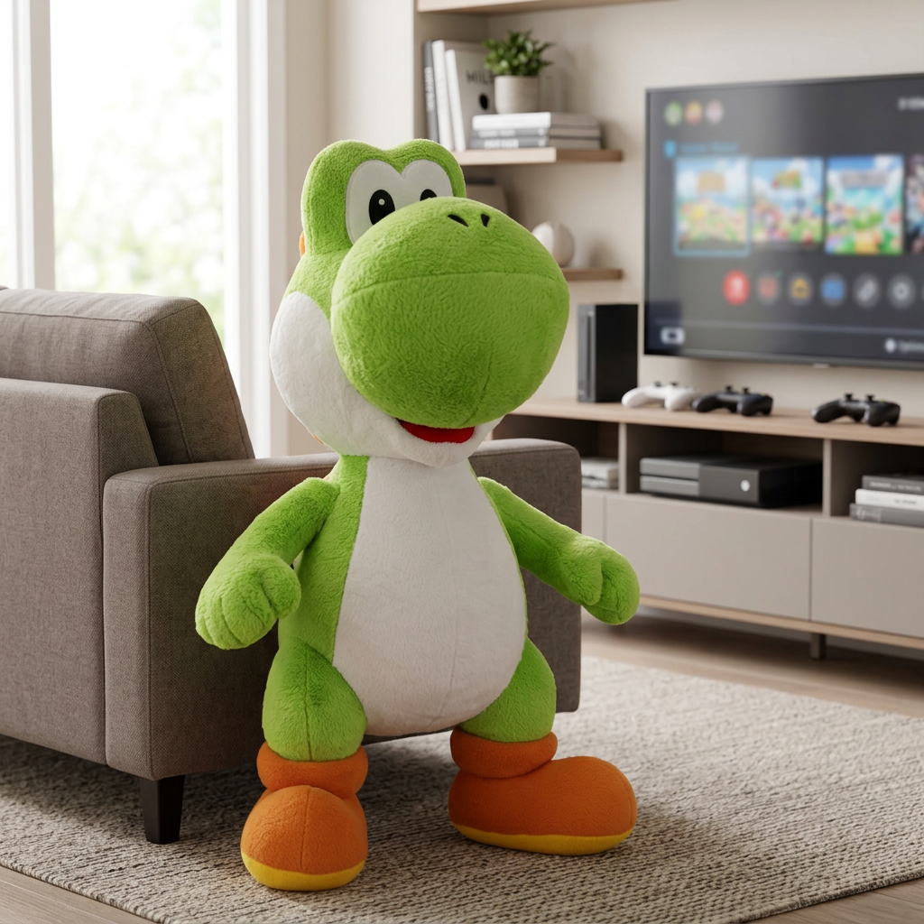 Mise en scène de la peluche Yoshi géante dans un coin détente avec canapé.