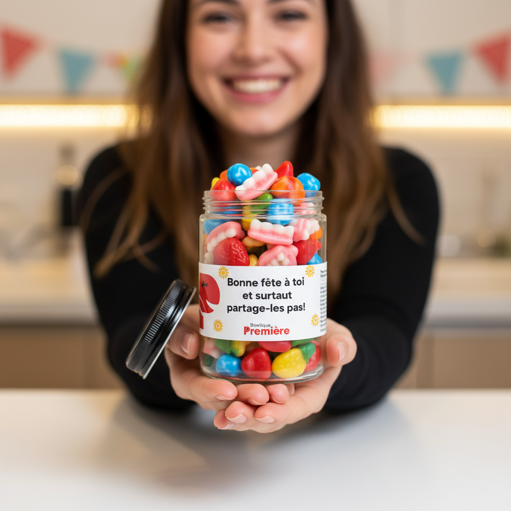 Personne tenant un petit pot de jujubes Bonne fête à toi et surtout partage-les pas