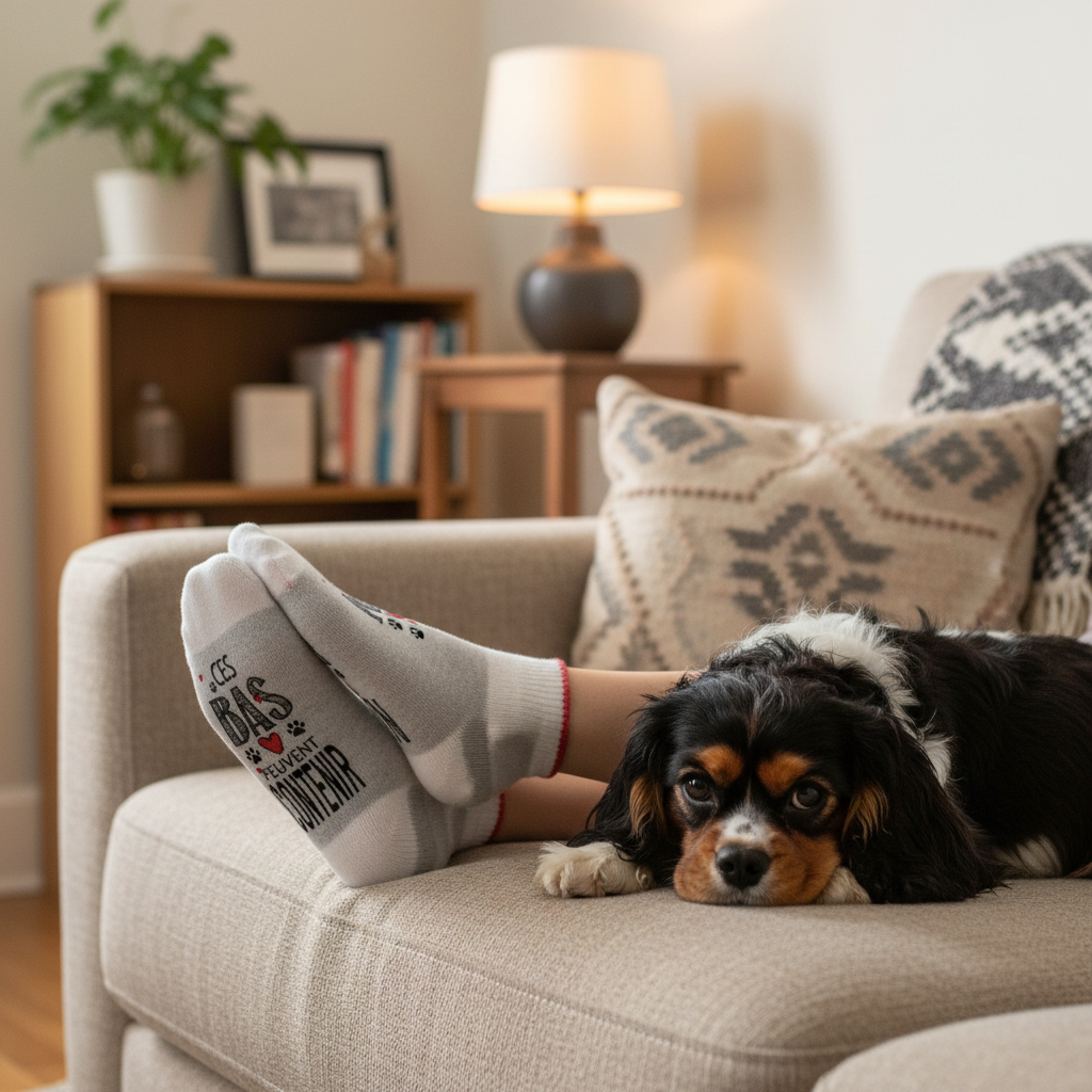 Personne avec bas de laine poils de chien et Cavalier King Charles tricolore sur le divan