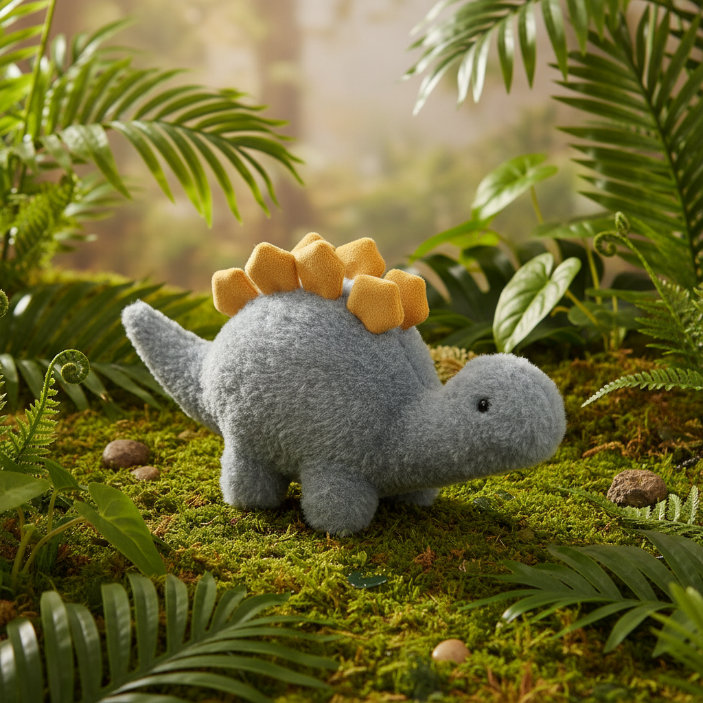 Peluche stégosaurus bleu Blade Mon Ami sur mousse verte avec feuilles tropicales ambiance jungle préhistorique