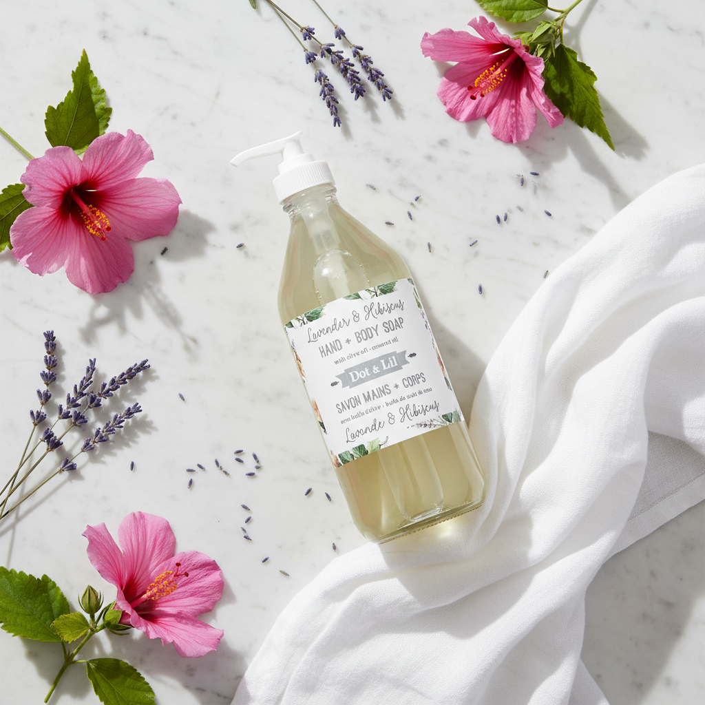 Savon mains corps Lavande Hibiscus Dot & Lil flat lay minimaliste