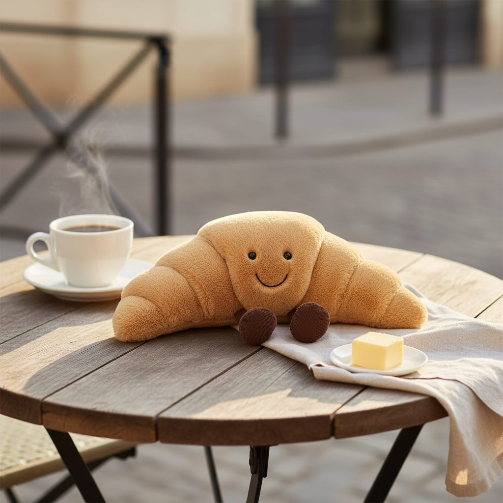 Jellycat Amuseable Croissant — Peluche croissant doré sur table de café français avec tasse et beurre