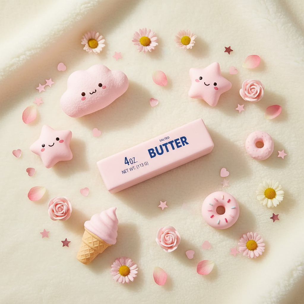 Beurre squishy rose 4 oz flat lay fond crème kawaii