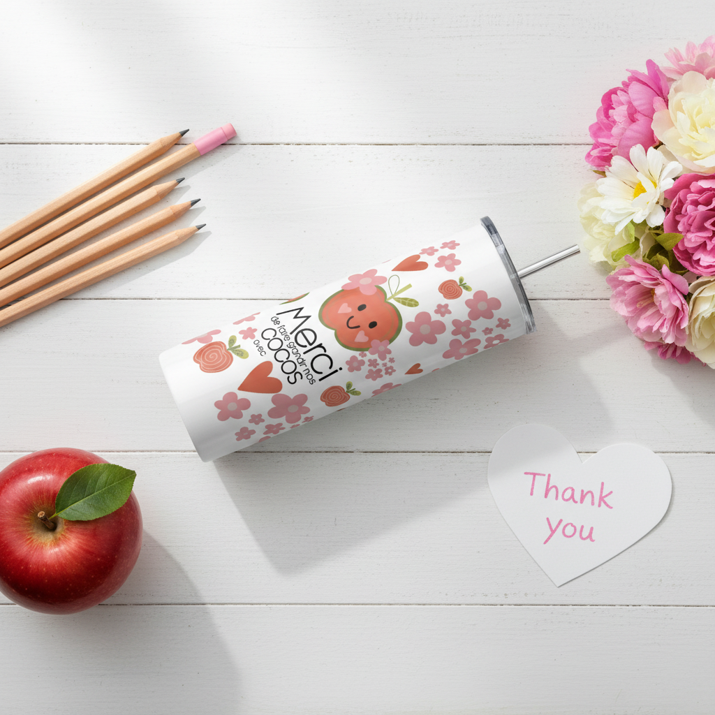 Gobelet isotherme Merci cocos flat lay avec pomme rouge et fleurs roses