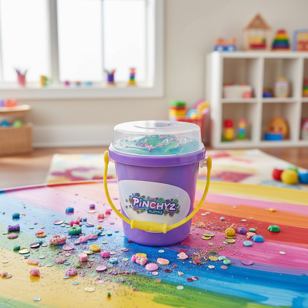 Pinchyz Slimes seau violet lifestyle sur table enfant avec confettis et paillettes