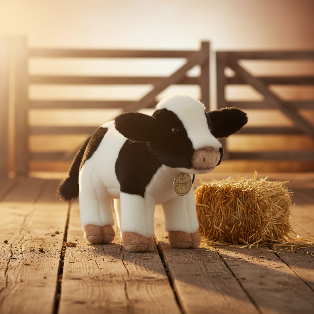 Vache Holstein peluche Aurora Miyoni - décor ferme rustique foin et clôture