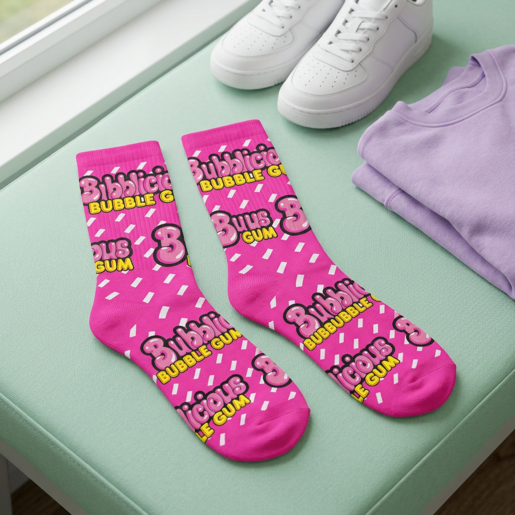 Chaussettes Bubblicious roses présentées sur un banc vert menthe dans un décor coloré.