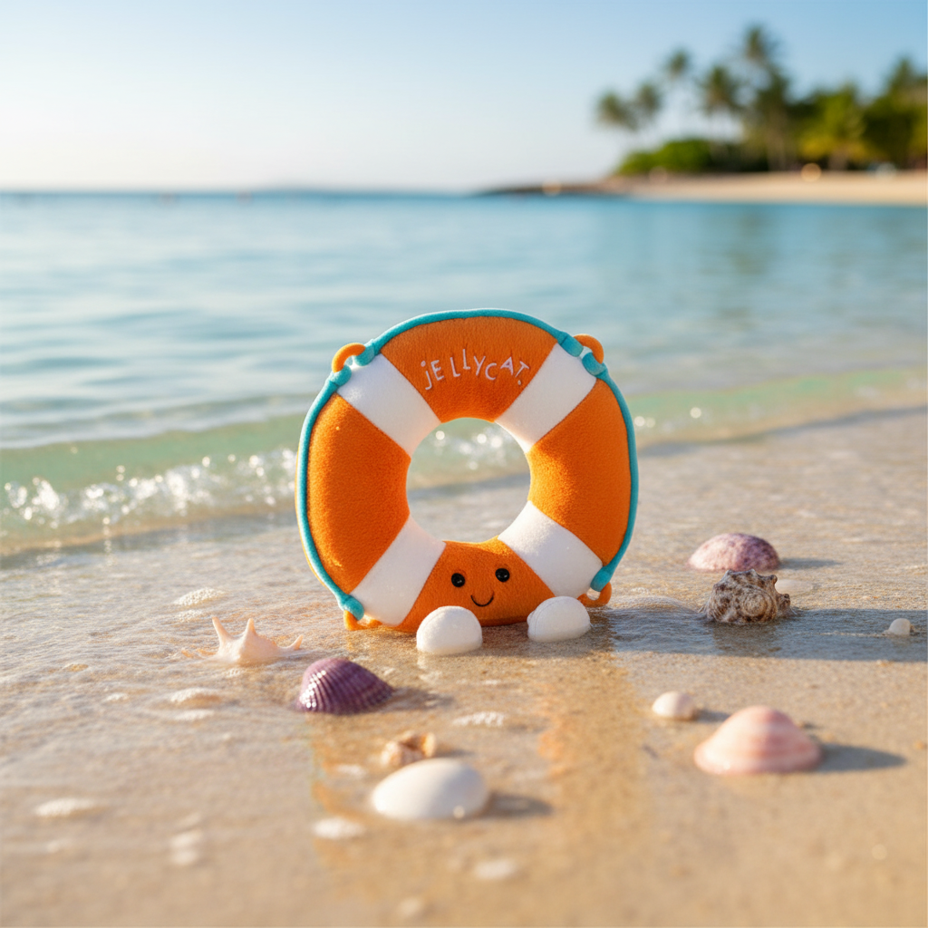 Jellycat Amuseable Life Ring peluche bouée dans l'eau turquoise avec des coquillages sur la plage