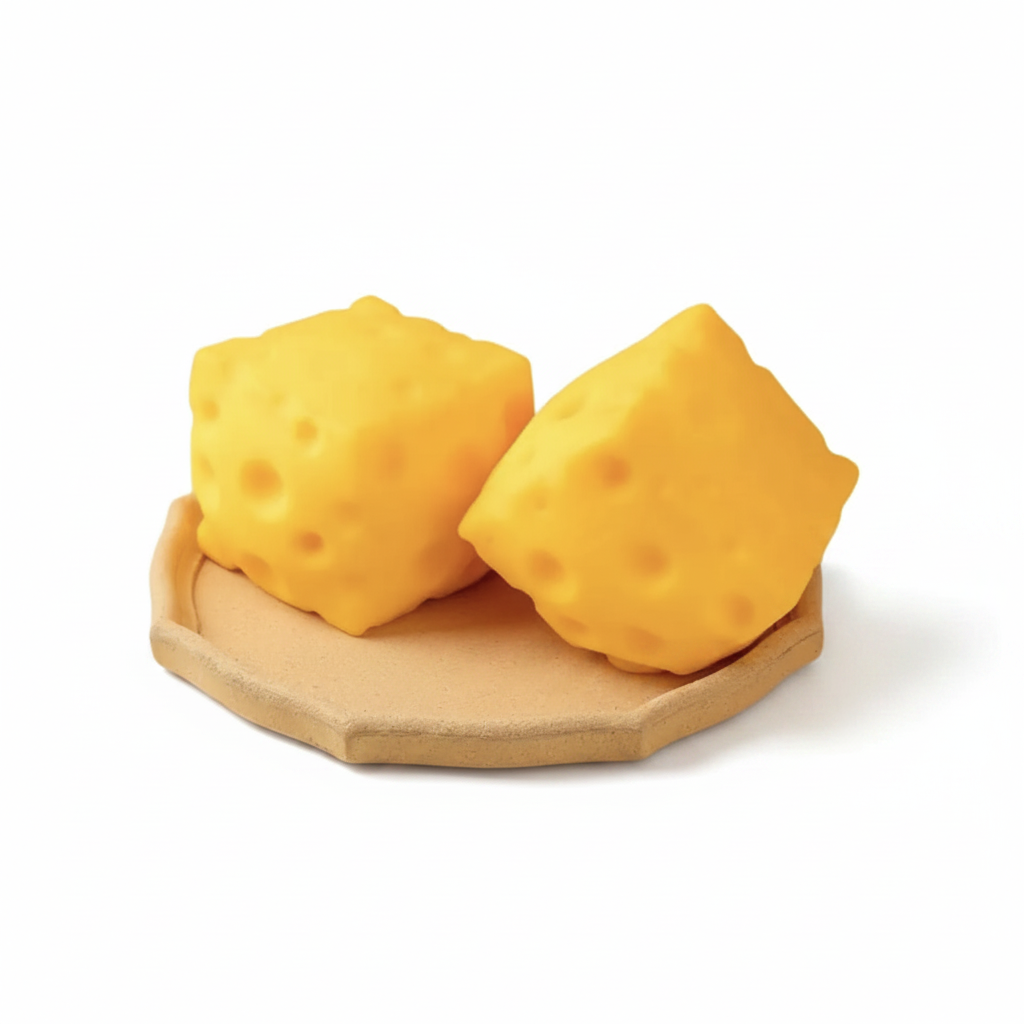 Jouet anti-stress squishy fromage cubes jaunes sur plateau bois fond blanc