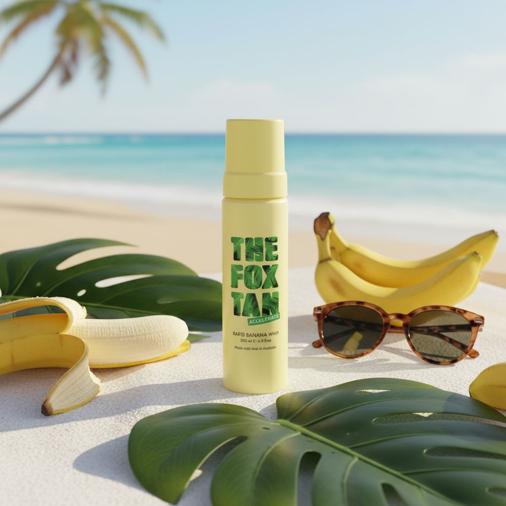The Fox Tan Rapid Banana Whip à la plage avec bananes fraîches et feuilles tropicales