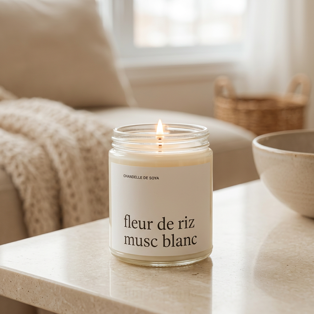 Chandelle de soya Fleur de riz et musc blanc Marée allumée dans un décor chaleureux