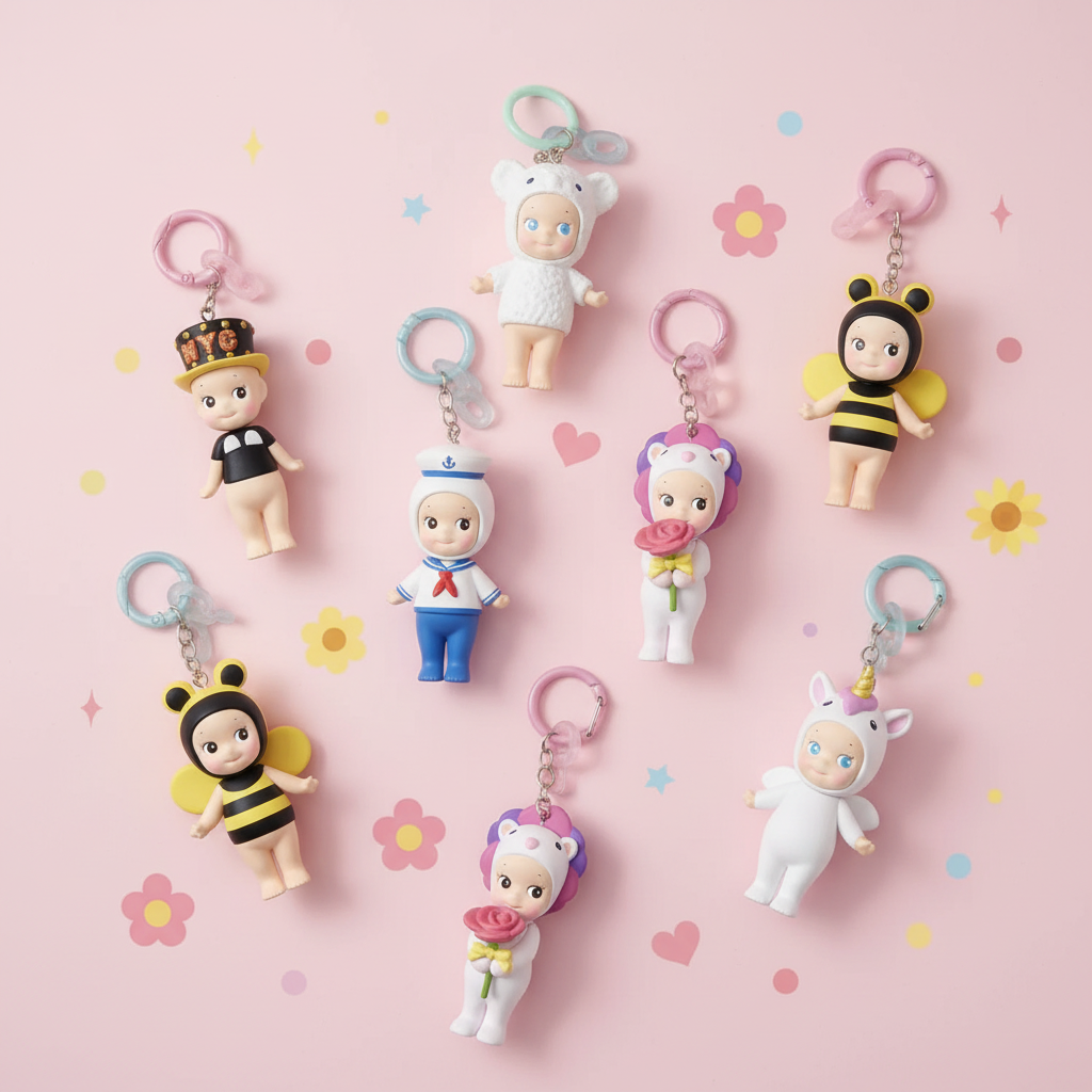 Plusieurs figurines kawaii porte-clé ange en différents costumes en flat lay sur fond rose pastel avec fleurs et étoiles