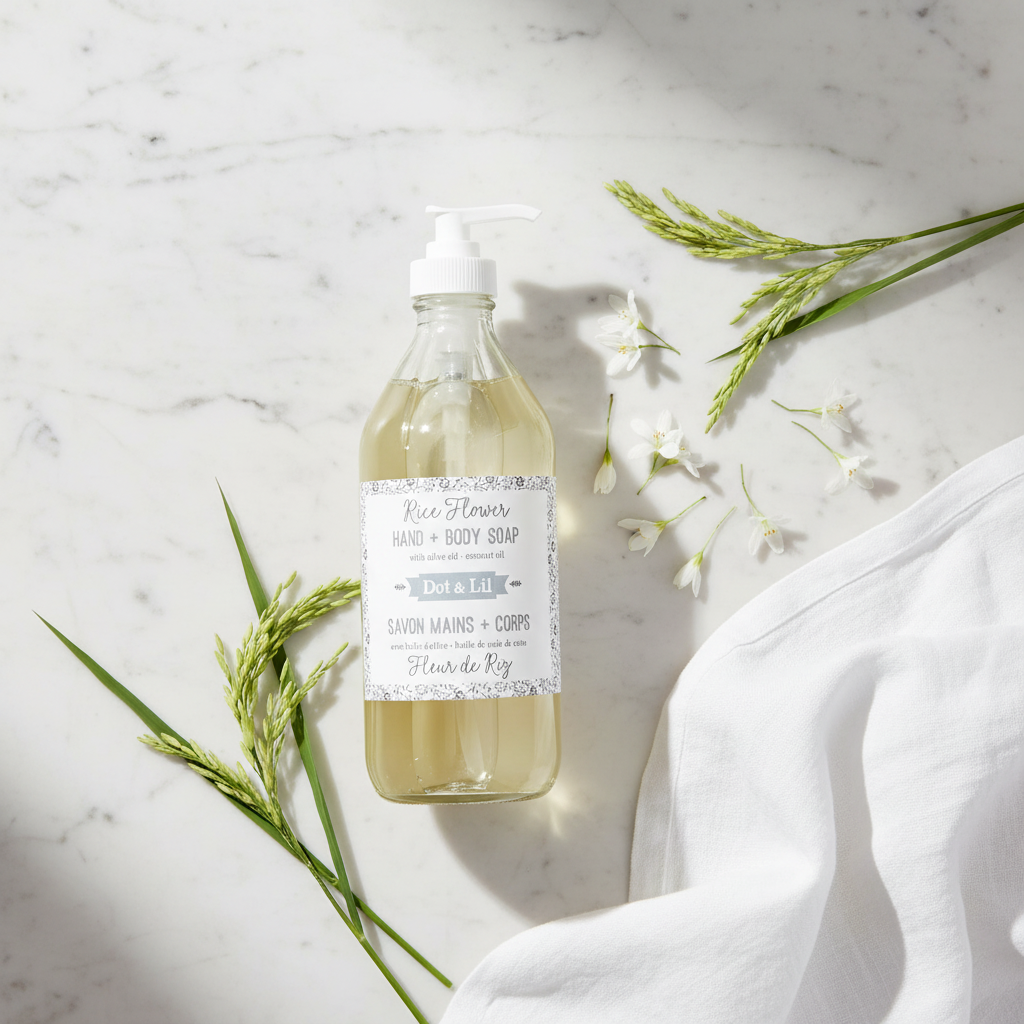 Savon mains corps Fleur de Riz Dot & Lil flat lay minimaliste