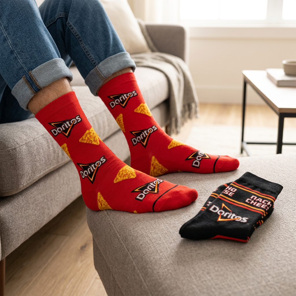 Homme en jeans portant les bas rouges Doritos, avec la paire noire à proximité.