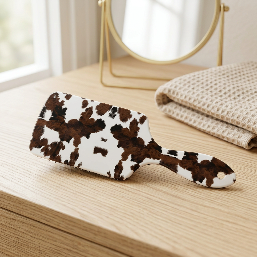 Brosse démêlante Josslyn à motif vache brune sur une coiffeuse