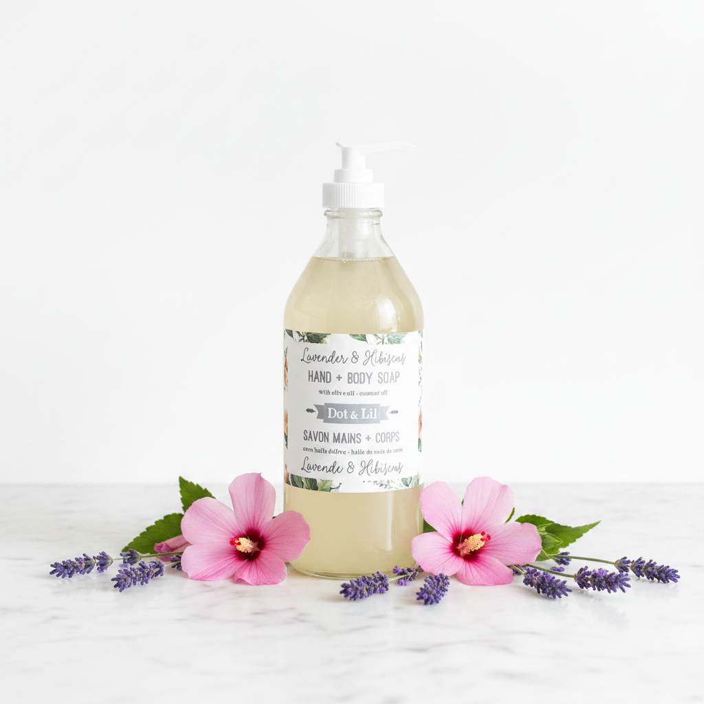 Savon mains corps Lavande Hibiscus Dot & Lil sur marbre avec lavande et hibiscus