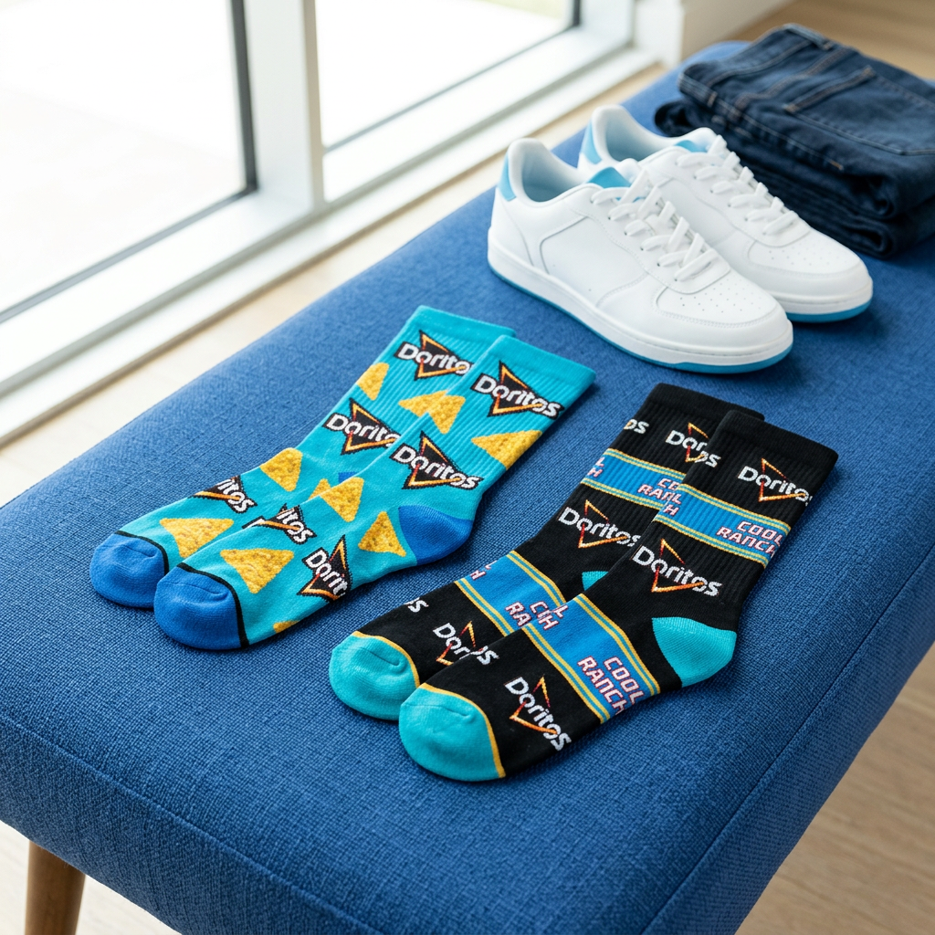 Chaussettes Doritos Cool Ranch présentées dans un décor décontracté avec denim et espadrilles, sans texte ajouté.