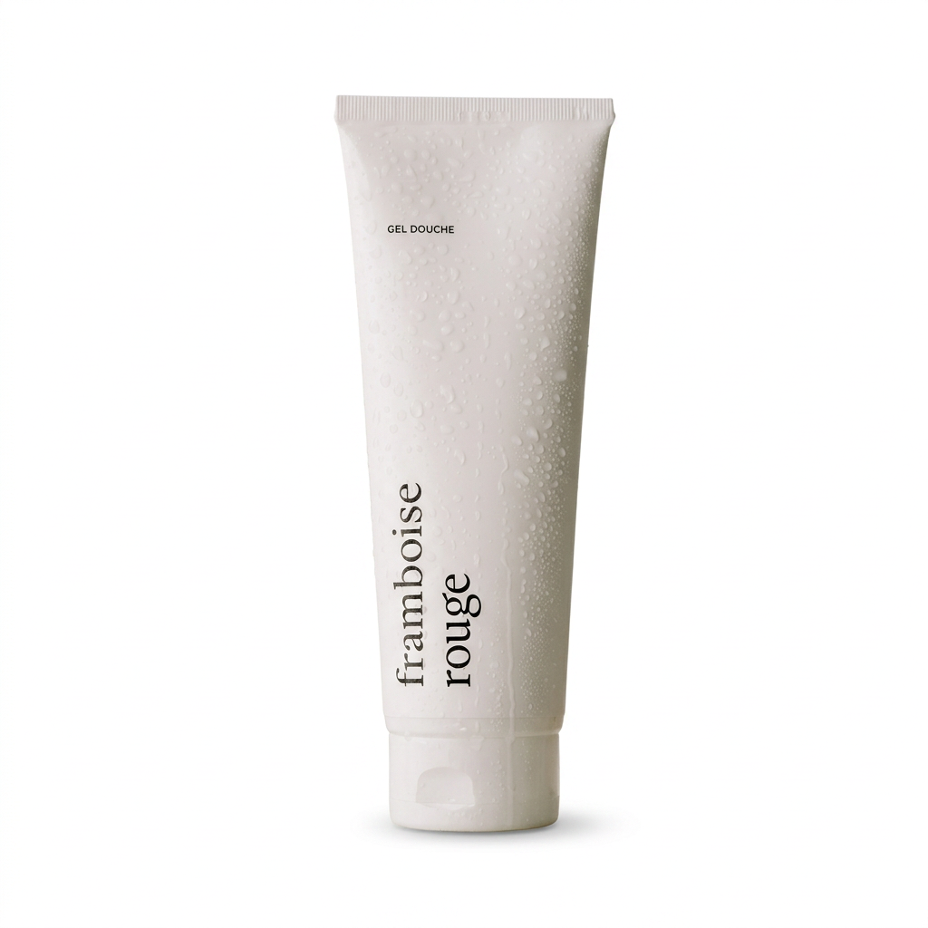 Tube de gel douche Framboise rouge Marée sur fond blanc