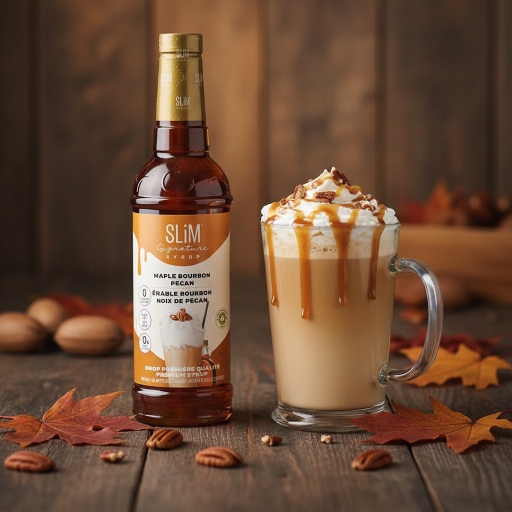 Sirop SLiM Érable Bourbon Pécan avec latte crémeux, crème fouettée et noix de pécan, ambiance automne rustique