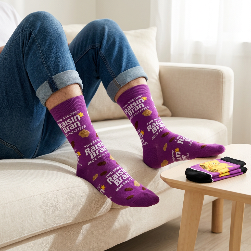 Homme en jeans portant les bas violets Raisin Bran dans un salon lumineux.