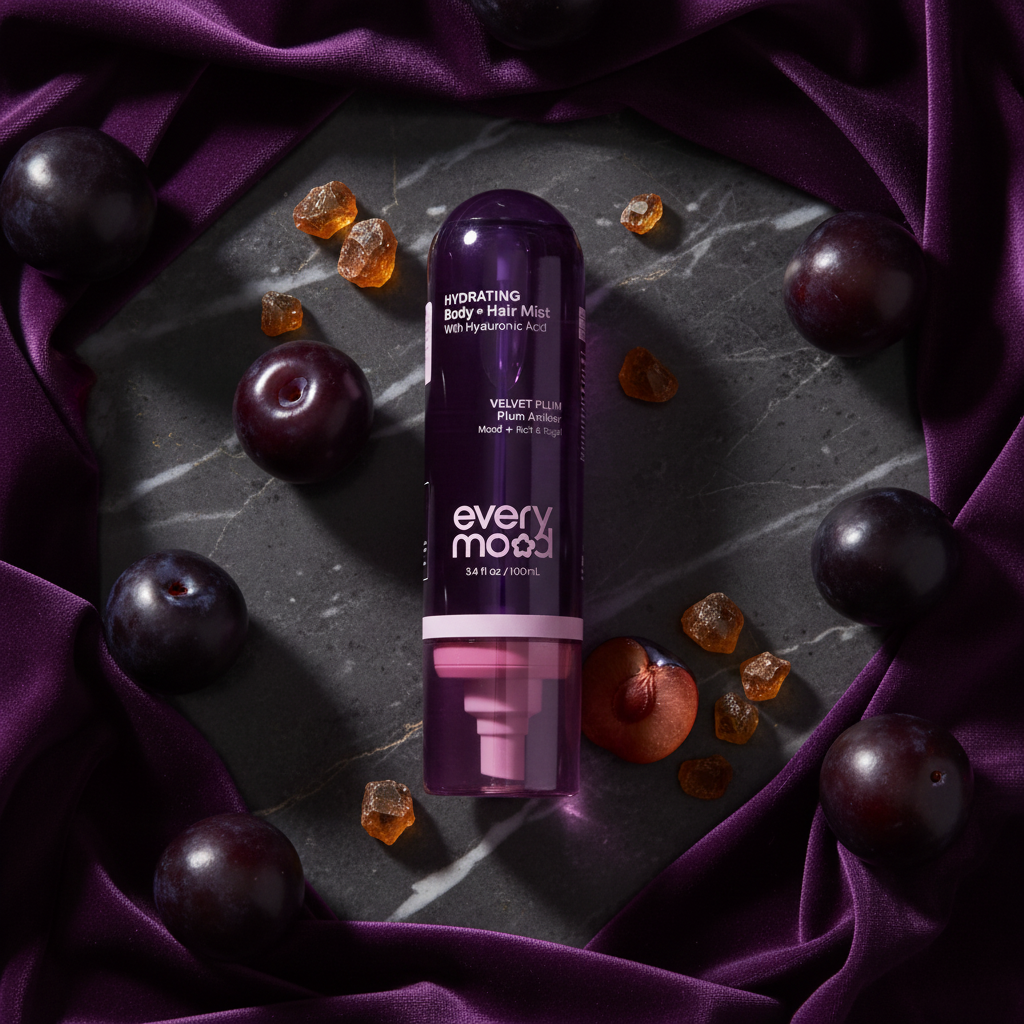 Brume Everymood Velvet Plum sur marbre sombre avec prunes et velours violet, ambiance luxueuse et sensuelle