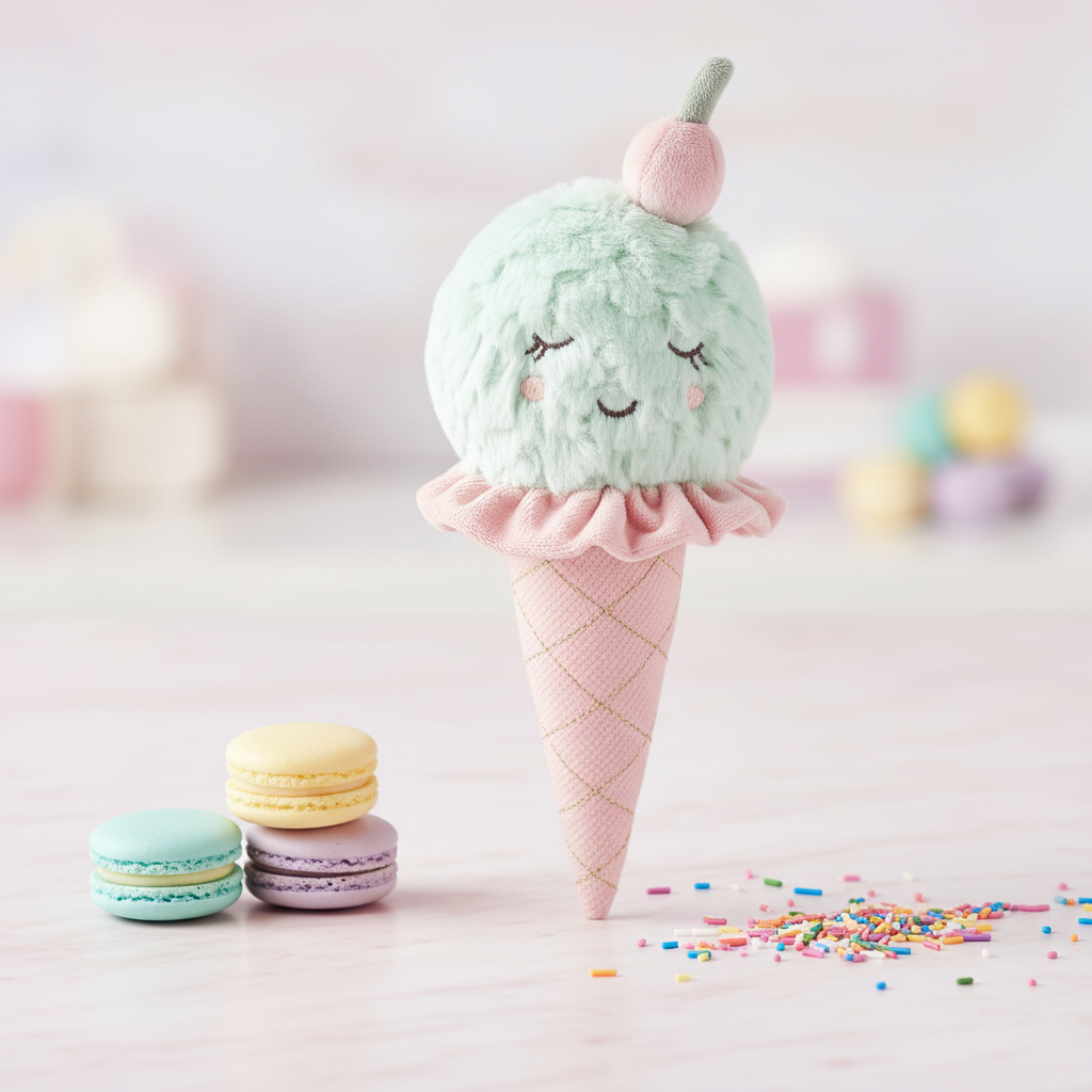 Peluche cornet crème glacée vert menthe Mon Ami sur marbre rose pastel avec macarons et confettis ambiance dessert rêve