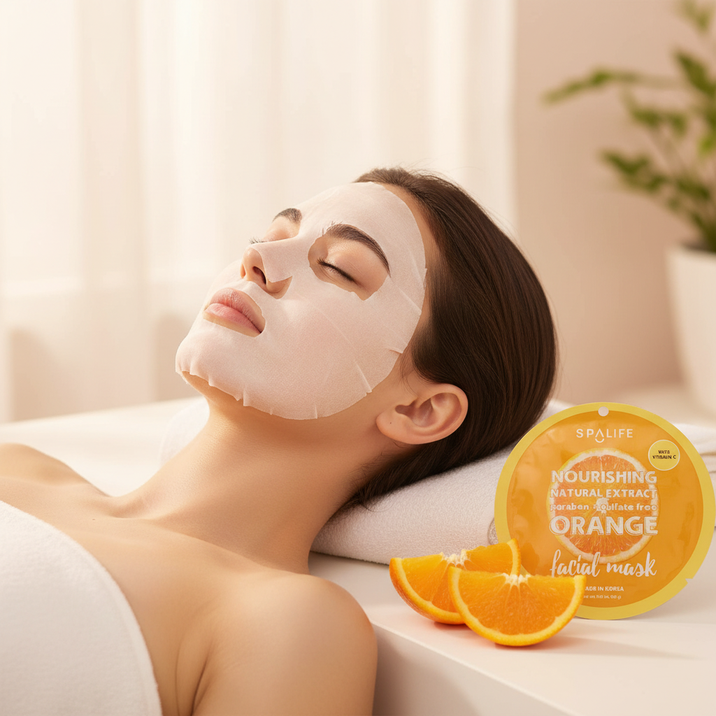 Femme portant un masque facial en tissu, tranches d'orange à côté, ambiance spa