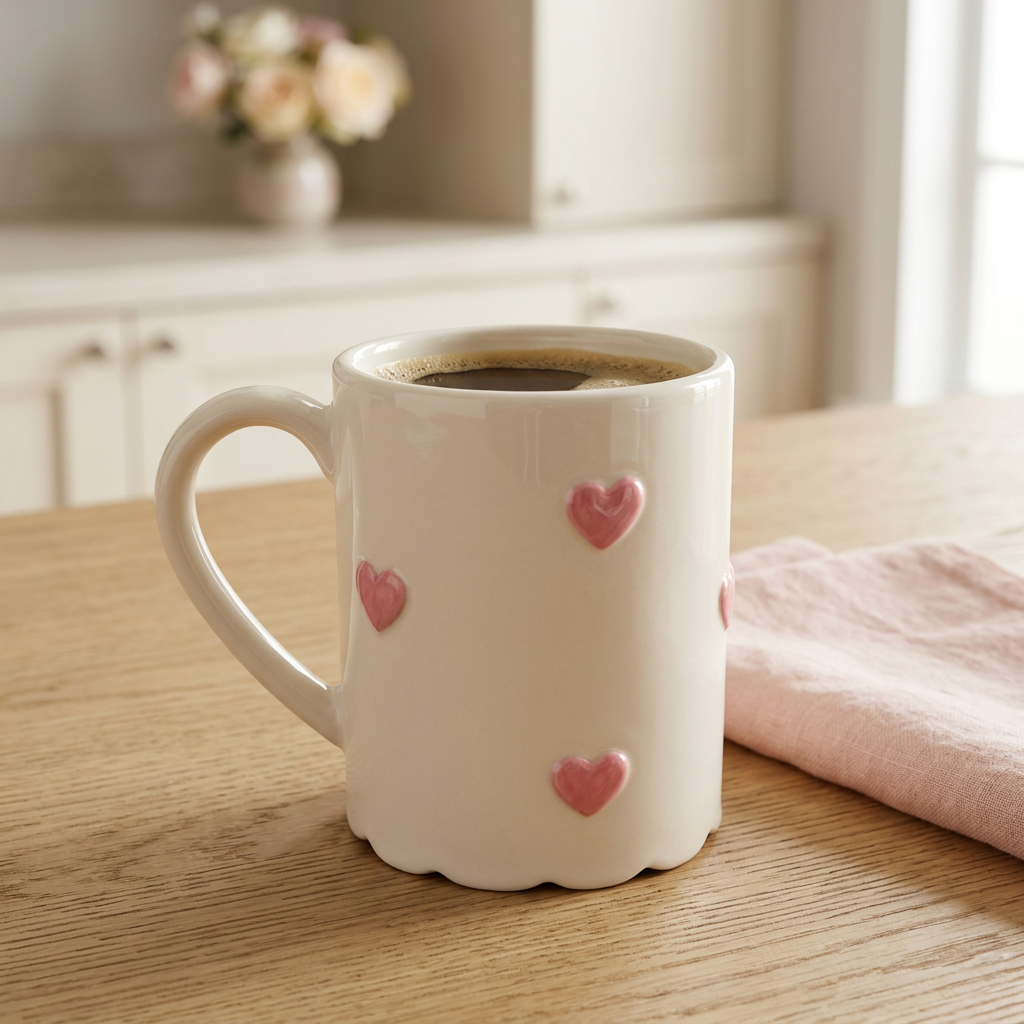 Tasse Sadie ivoire à cœurs roses en relief sur une table de déjeuner lumineuse.