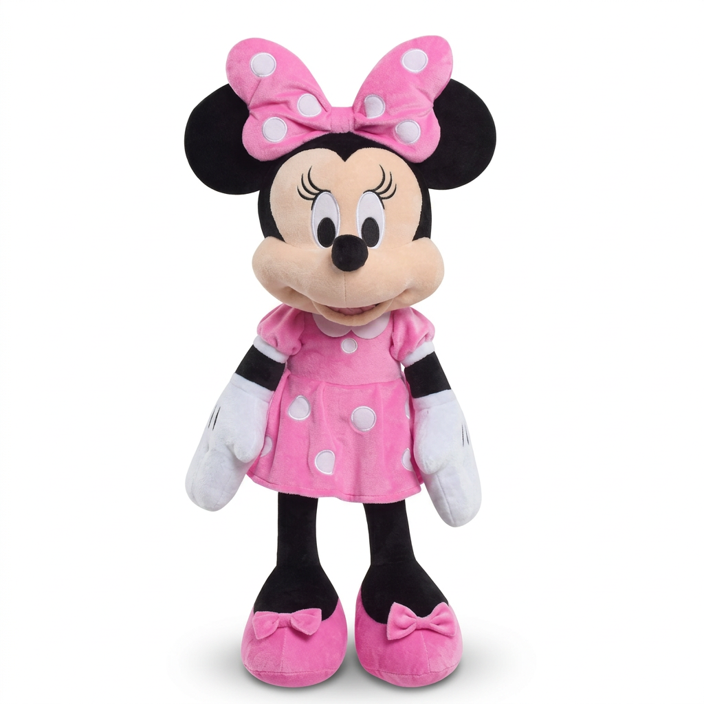 Peluche Minnie Mouse géante de 48 po en robe rose à pois blancs, sur fond blanc.