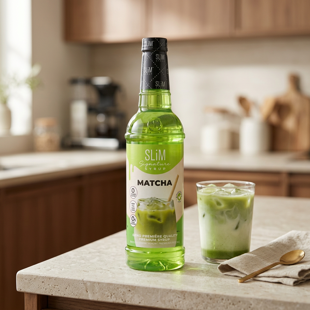 Sirop matcha Slim en ambiance cuisine avec un latte glacé.