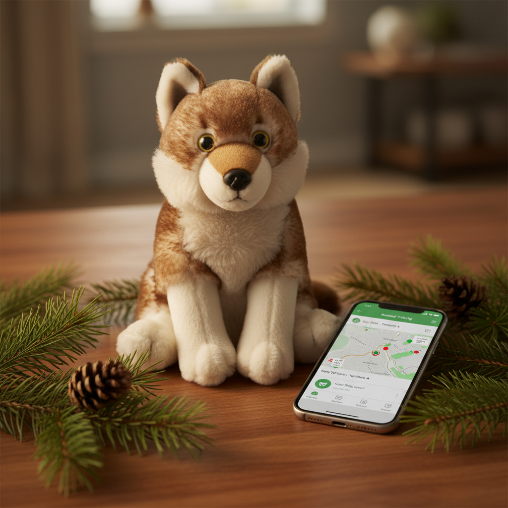 Peluche loup Fahlo avec l’application de suivi Fahlo et branches de pin