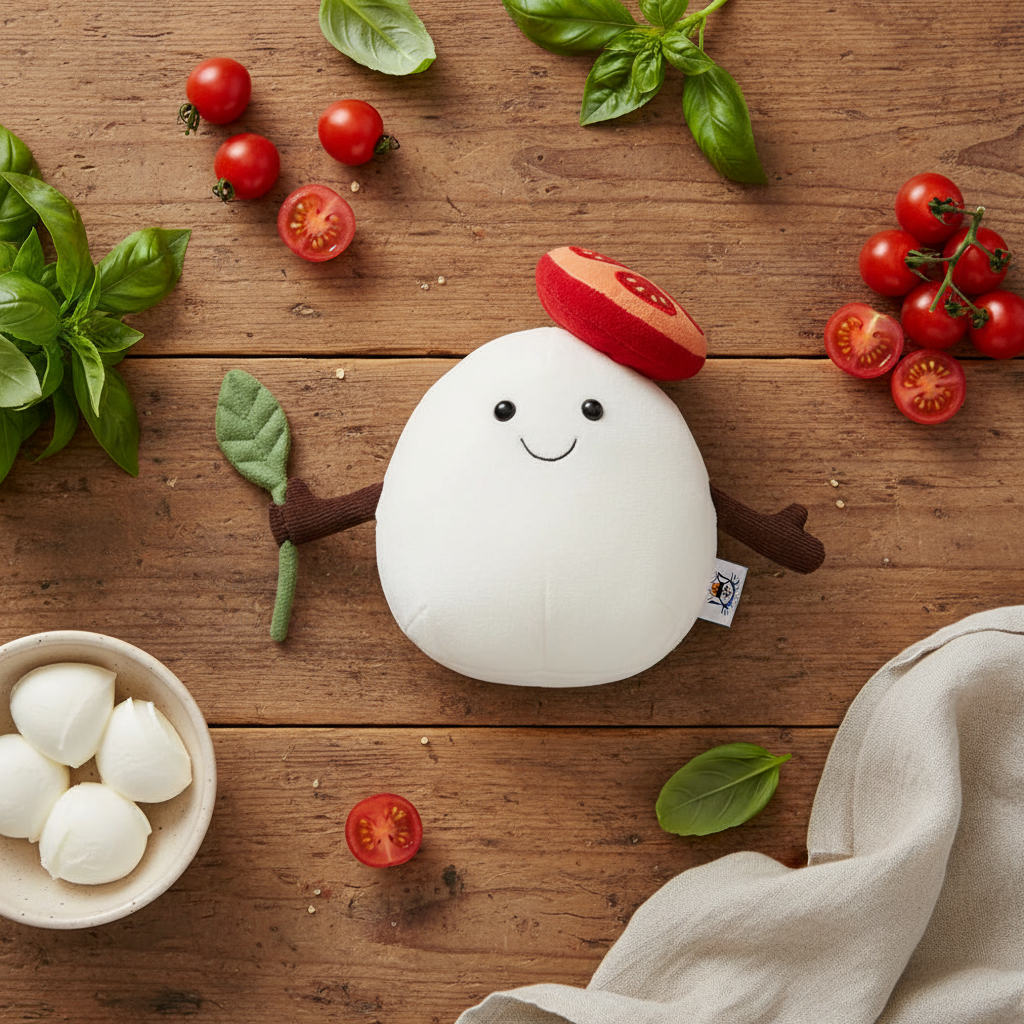 Jellycat Amuseable Mozzarella sur une table italienne avec tomates et basilic