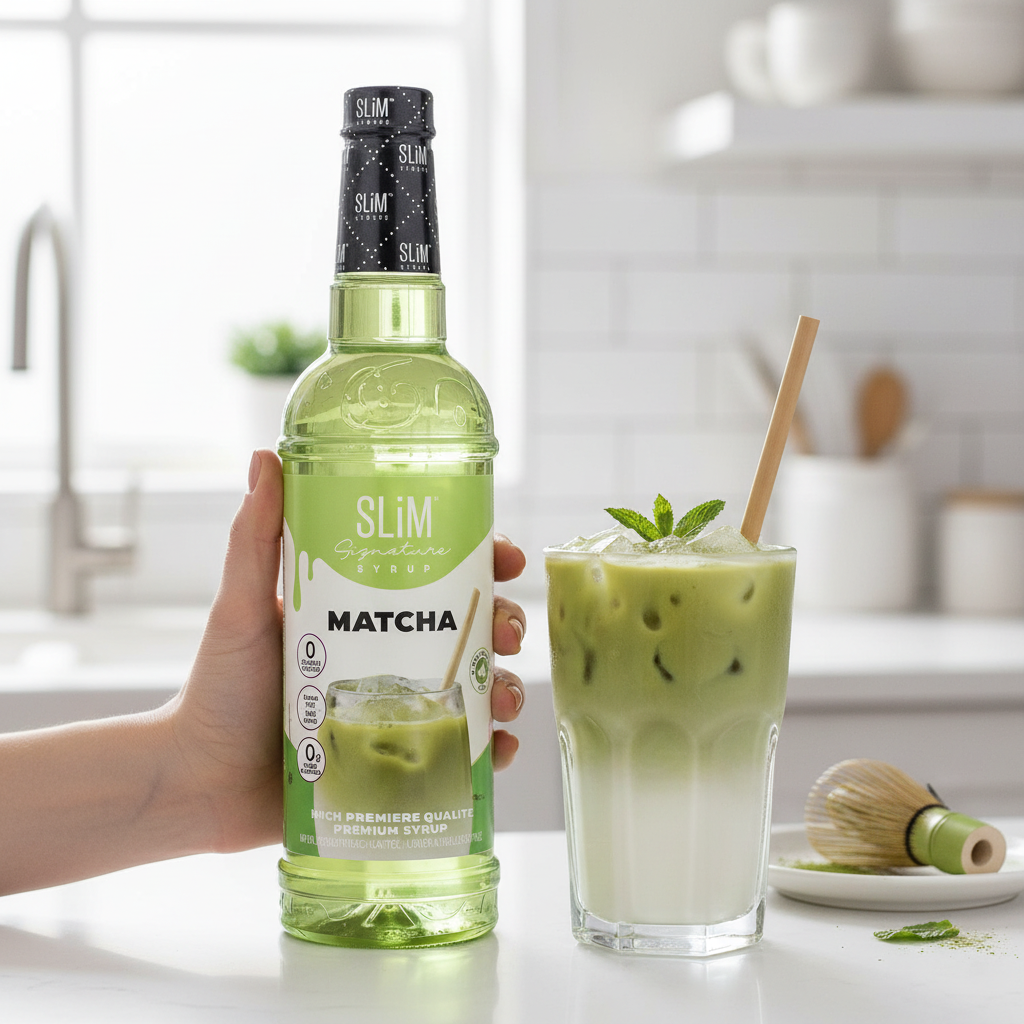 Main tenant la bouteille Sirop Matcha SLiM avec un latte matcha