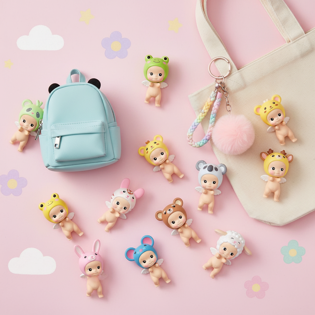 Plusieurs figurines kawaii ange bébé avec différents chapeaux animaux accrochées sur accessoires en flat lay fond rose pastel