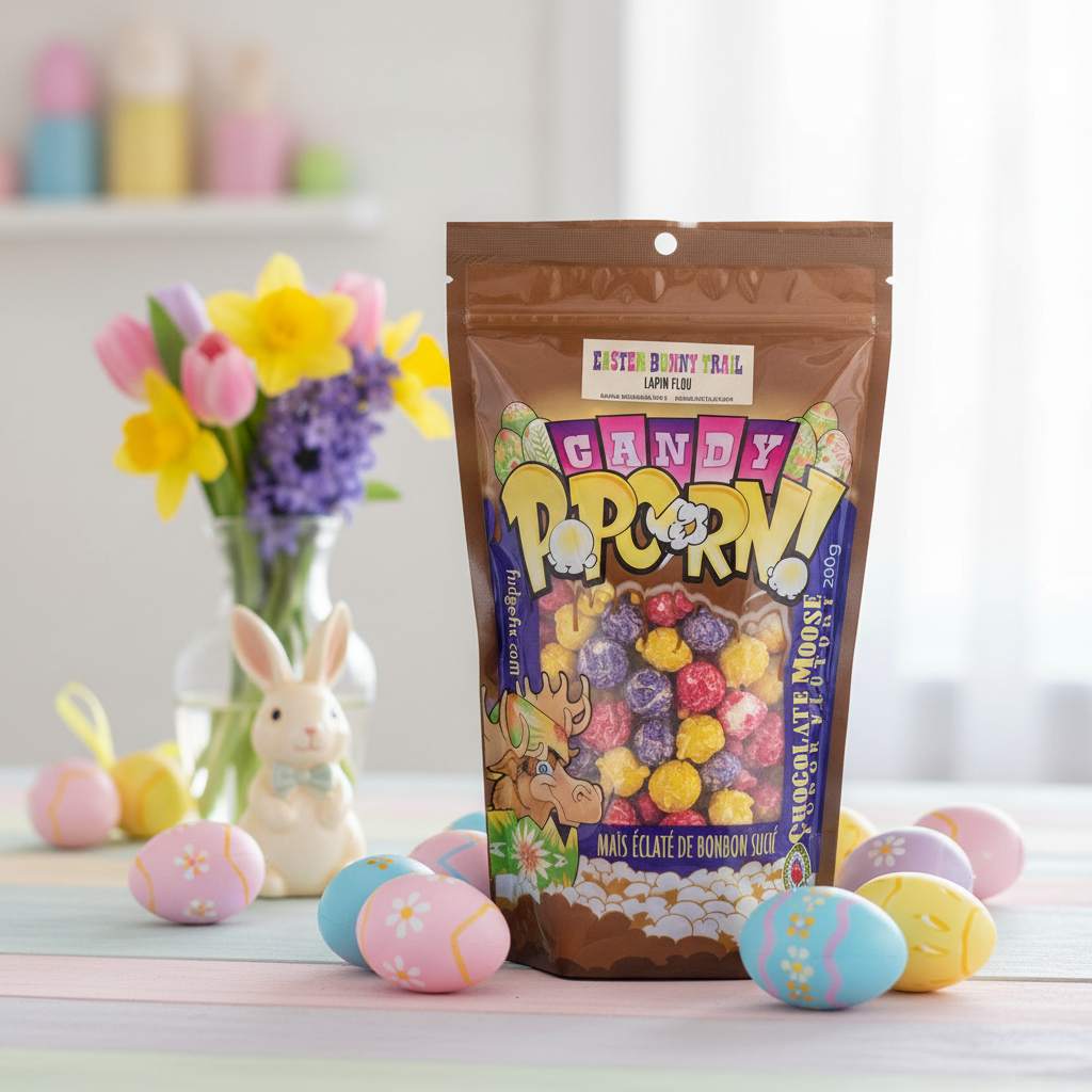 Popcorn Easter Bonny Trail Chocolat Moose 200g multicolore sur table de Pâques avec œufs colorés et fleurs printanières