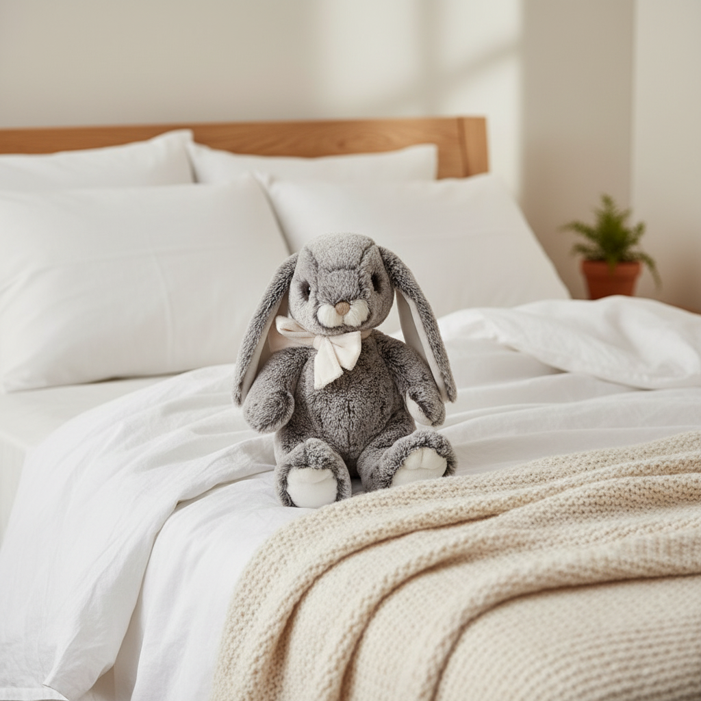 Russel Lapin Bukowski sur lit cozy avec linge blanc