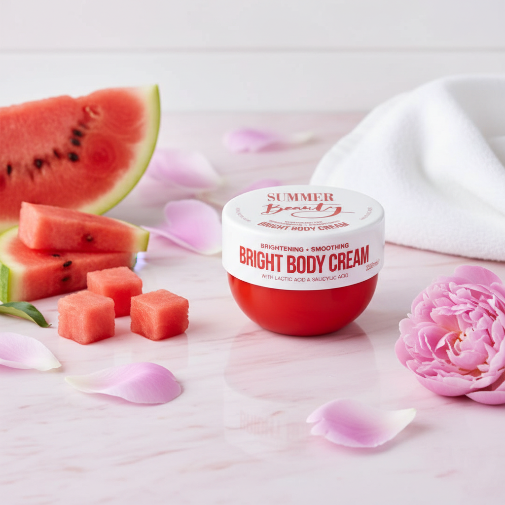 Summer Beauty Bright Body Cream melon d'eau sur marbre rose avec tranches de pastèque et fleurs