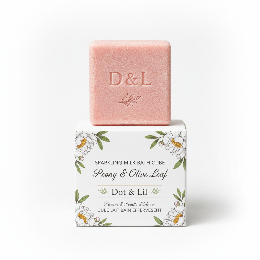 Cube lait de bain Pivoine Feuille d'Olivier Dot & Lil fond blanc