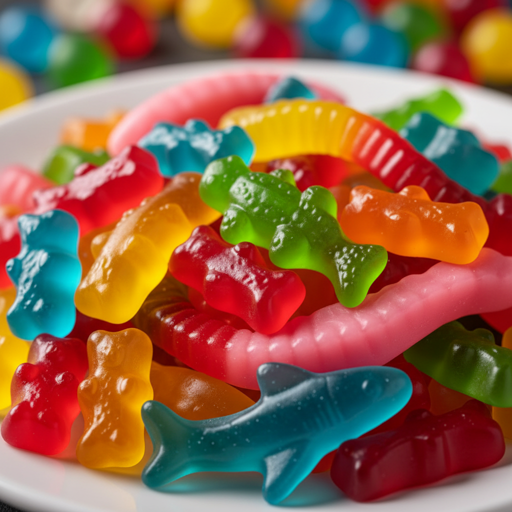 Gros plan de jujubes mous colorés brillants — oursons, vers, grenouilles, requins en rouge, bleu, jaune, vert, orange, rose