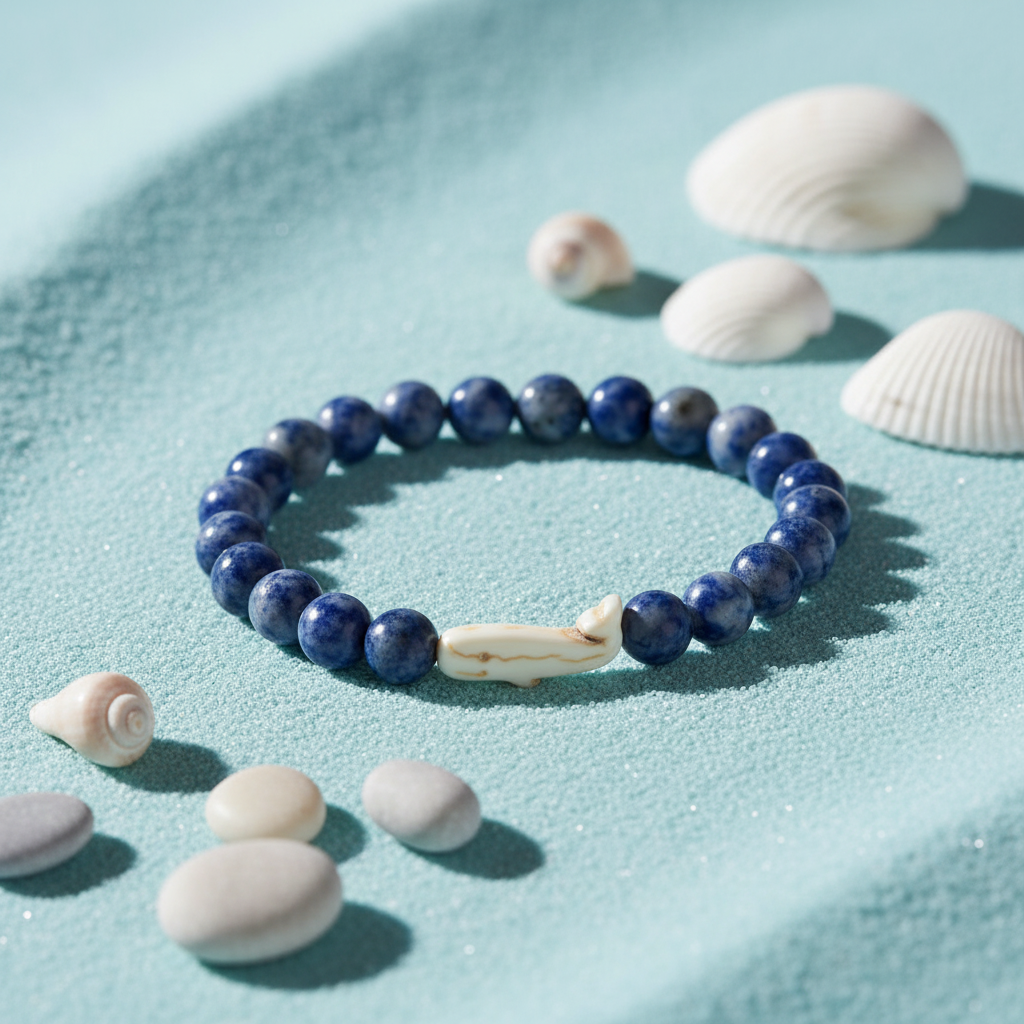Bracelet Fahlo Baleine Coastal Blue sur surface bleue avec coquillages