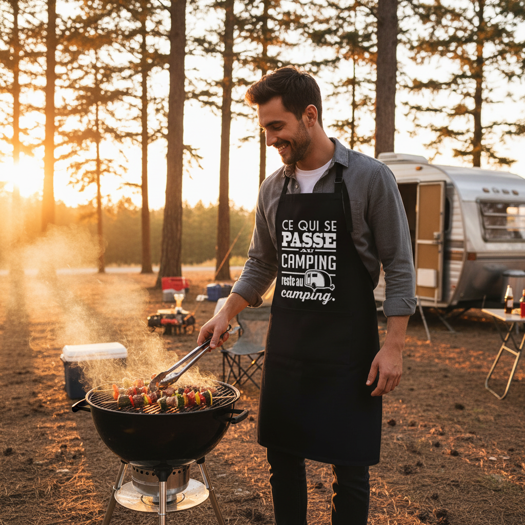 Personne portant tablier noir camping au BBQ en plein air