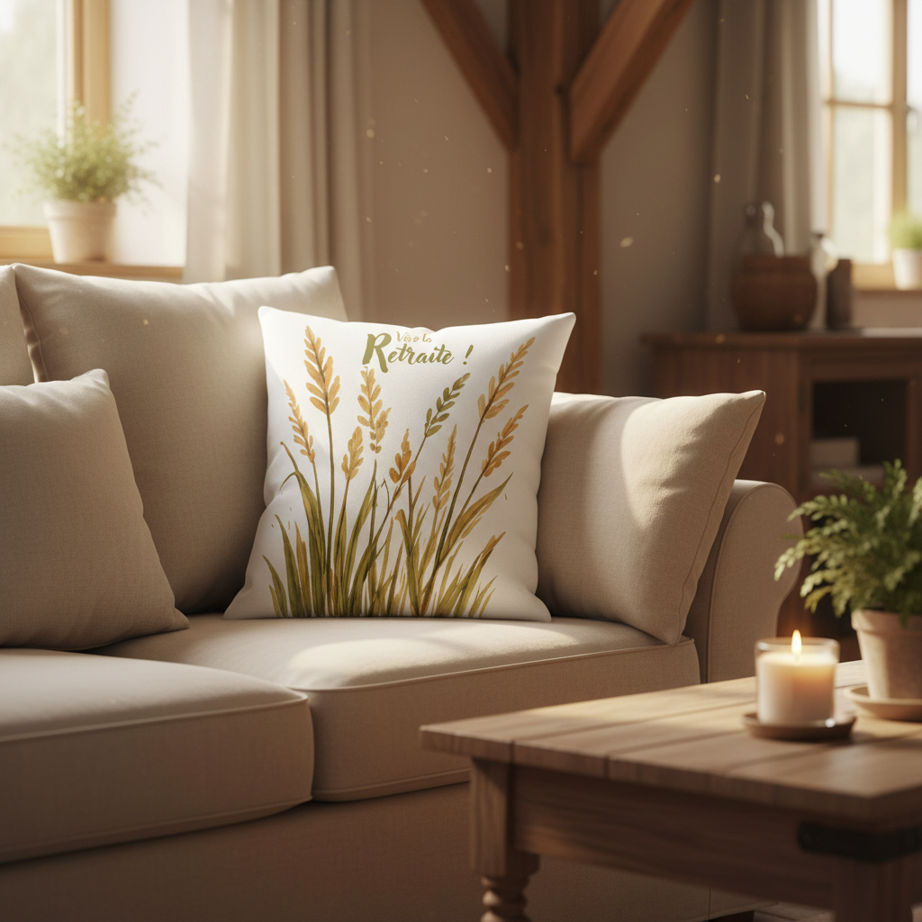 Coussin Vive la Retraite - décor salon champêtre