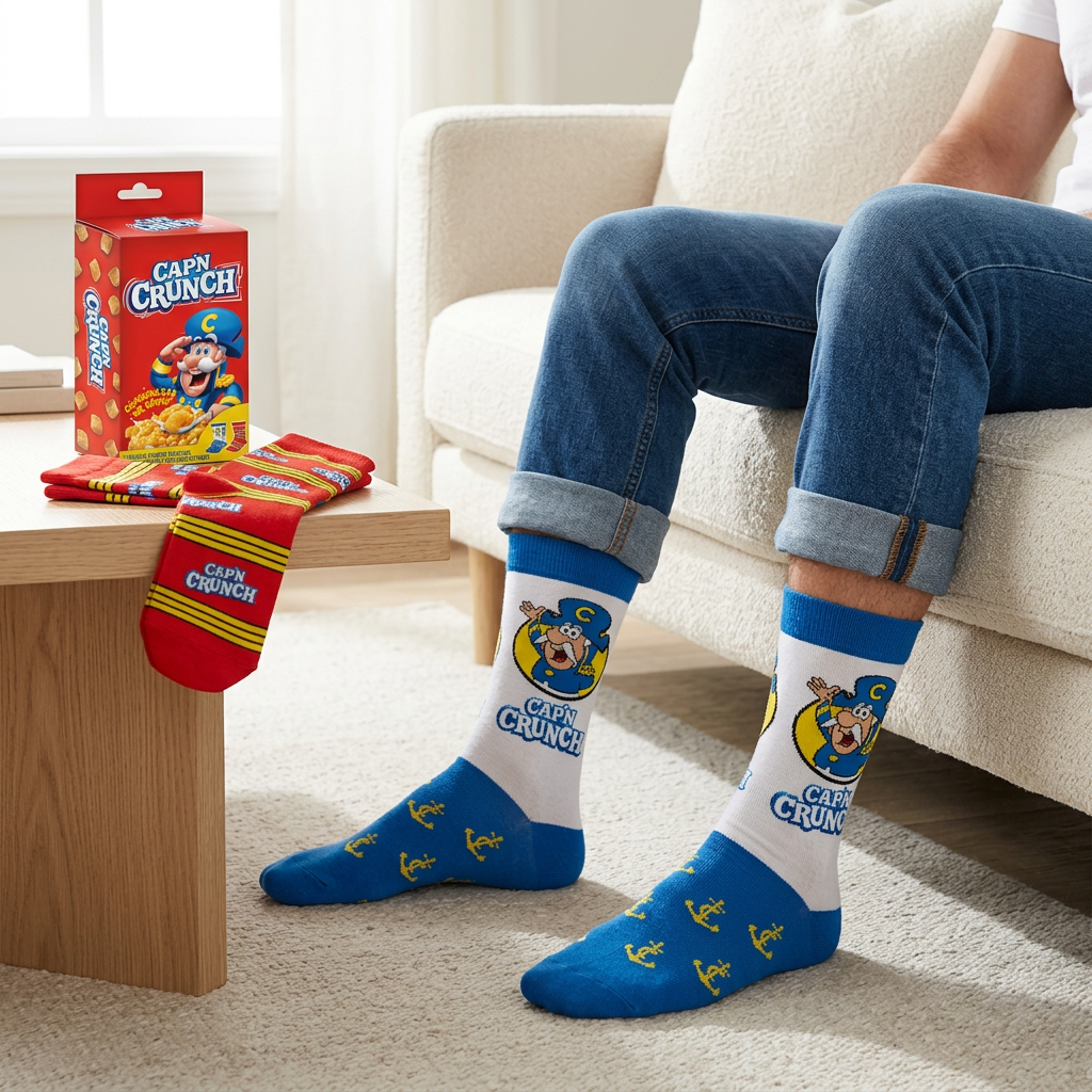 Homme en jeans portant les bas Cap’n Crunch bleus et blancs dans une ambiance décontractée.