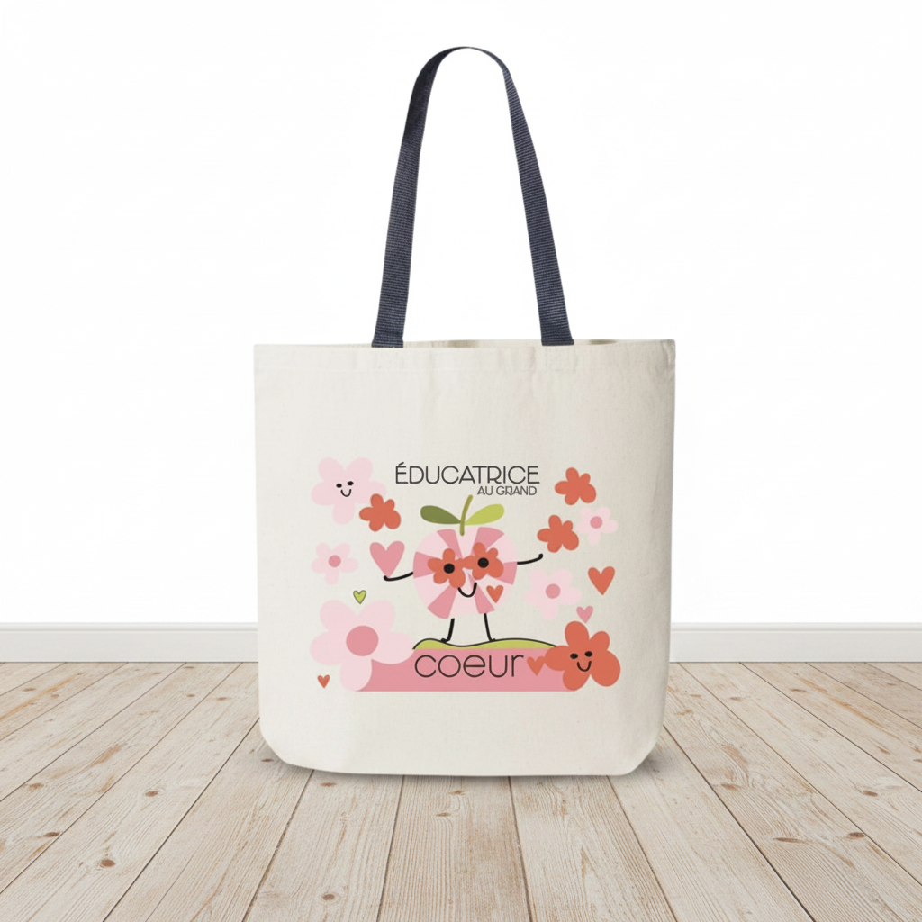 Sac cabas Éducatrice au grand cœur kawaii pomme rose fond blanc