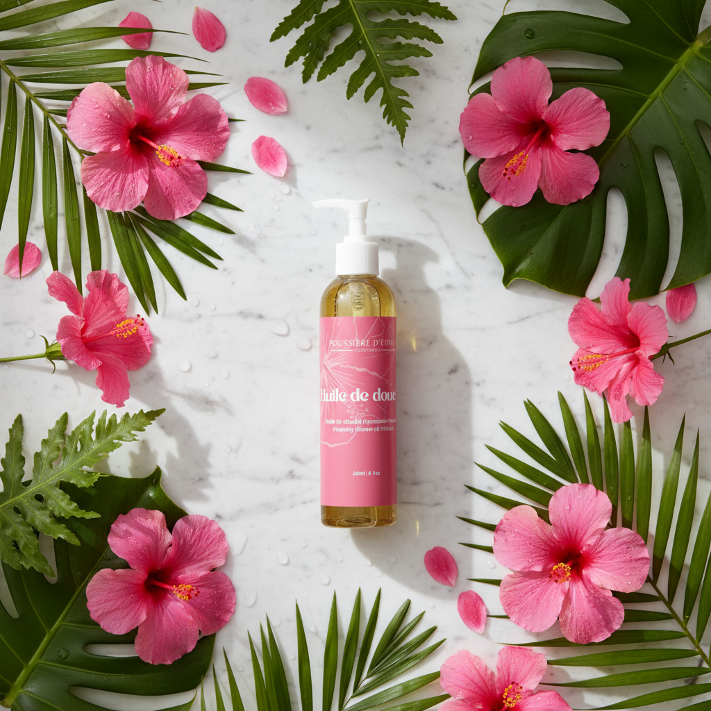 Huile de douche moussante Hibiscus Poussière d’Étoile sur marbre avec fleurs d’hibiscus roses, ambiance luxueuse et florale