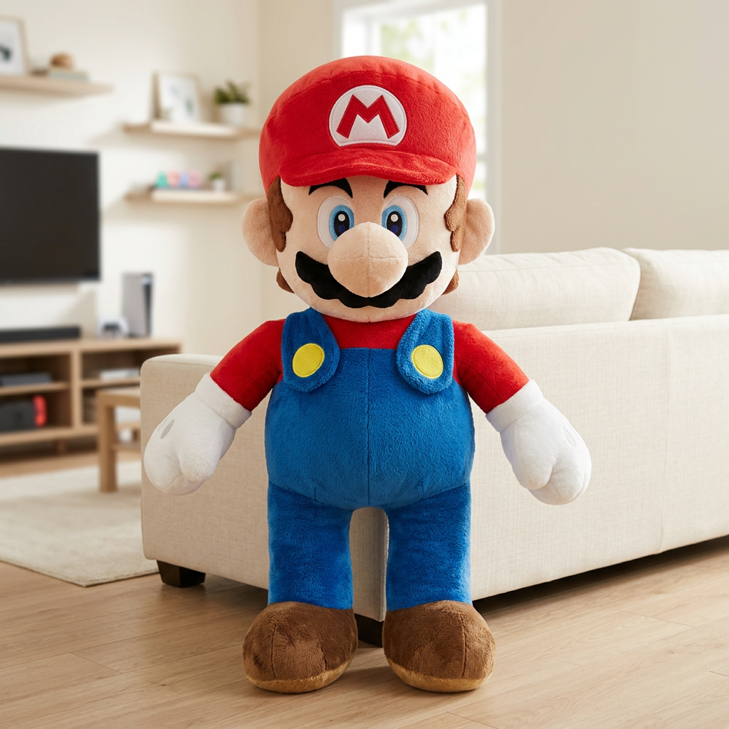 Mise en scène de la peluche Super Mario géante à côté d’un canapé dans un coin détente.