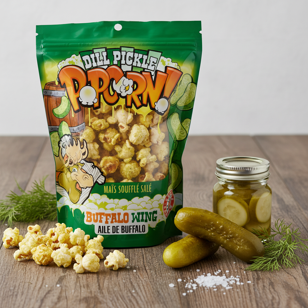 Popcorn Dill Pickle Chocolat Moose 75g sur comptoir bois avec cornichons frais, aneth et cristaux de sel