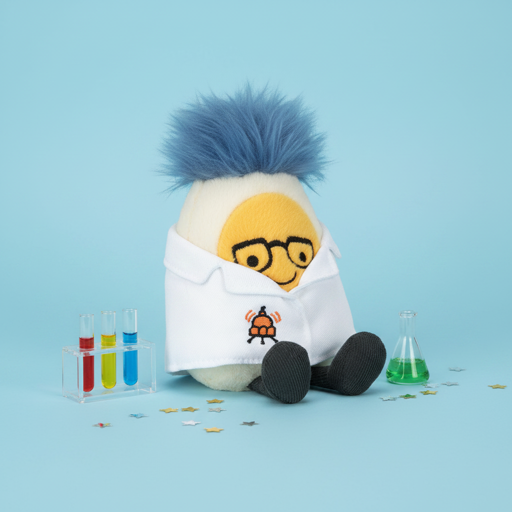 Jellycat Amuseable Boiled Egg Scientist — Peluche Œuf Scientifique, ambiance laboratoire