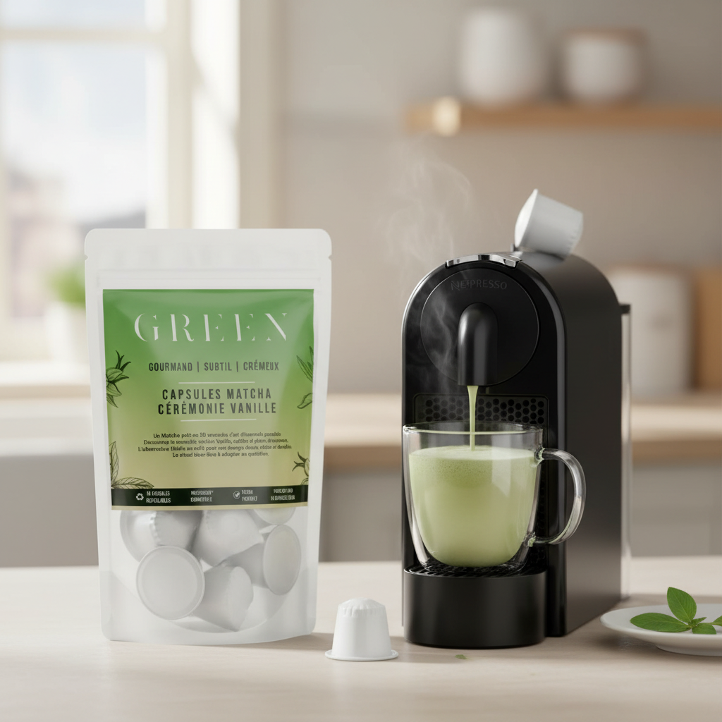 Sachet GREEN Capsules Matcha Cérémonie Vanille avec machine Nespresso