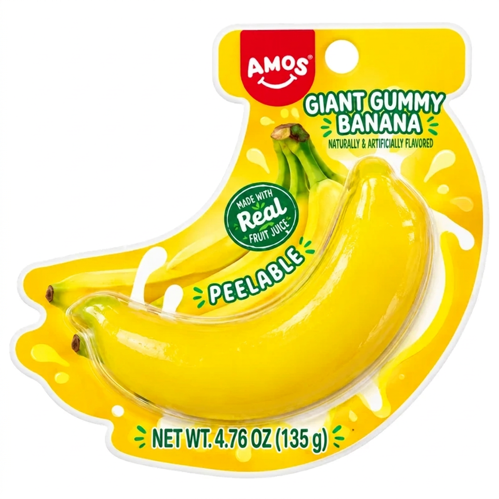 Bonbon gélifié géant pelable AMOS à la banane, 135 g, dans son emballage sur fond blanc.
